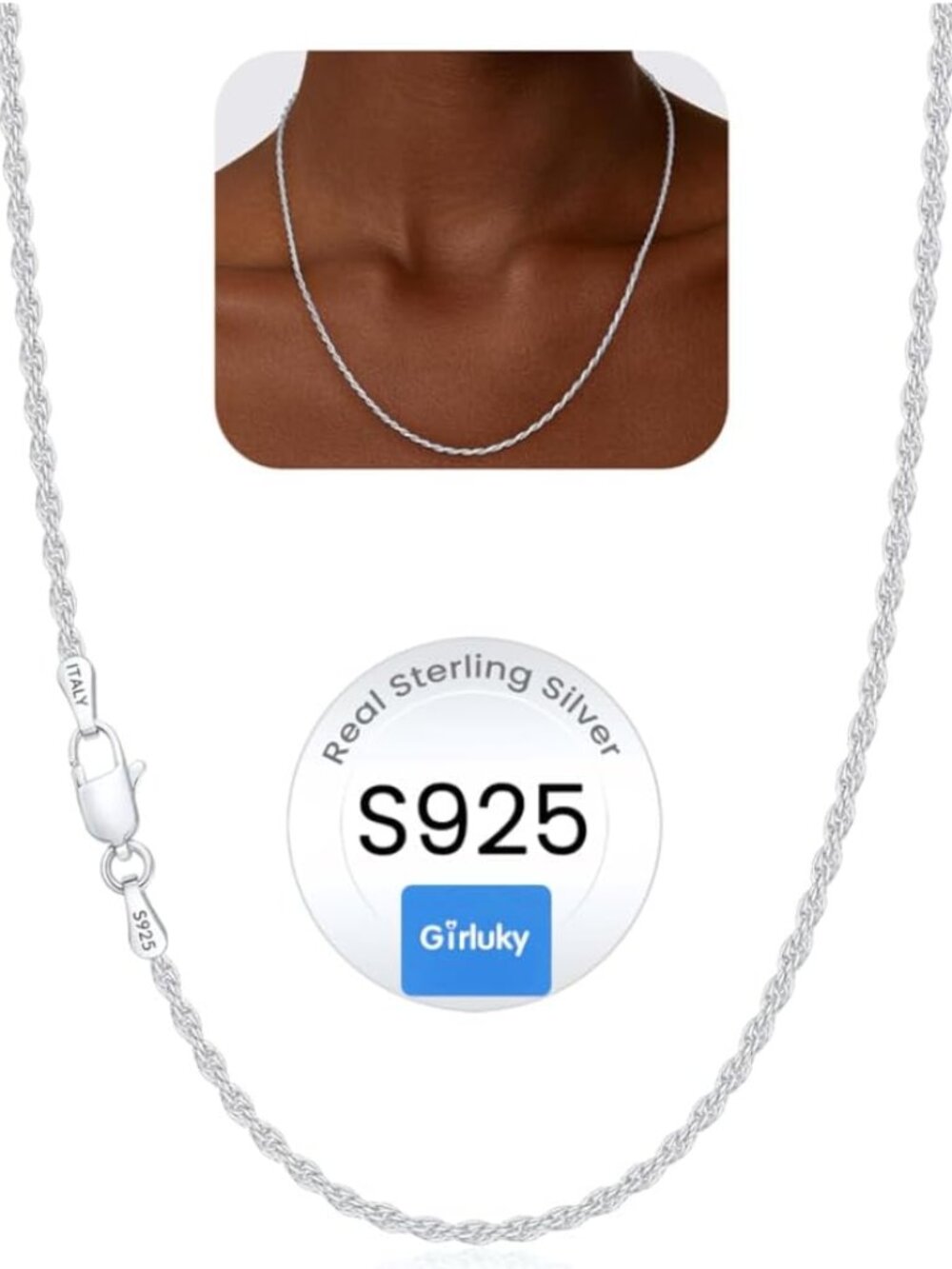 2mm Rope Chain 925 Sterling Silver Chain Necklace for Women, 14K Gold Plated Cha